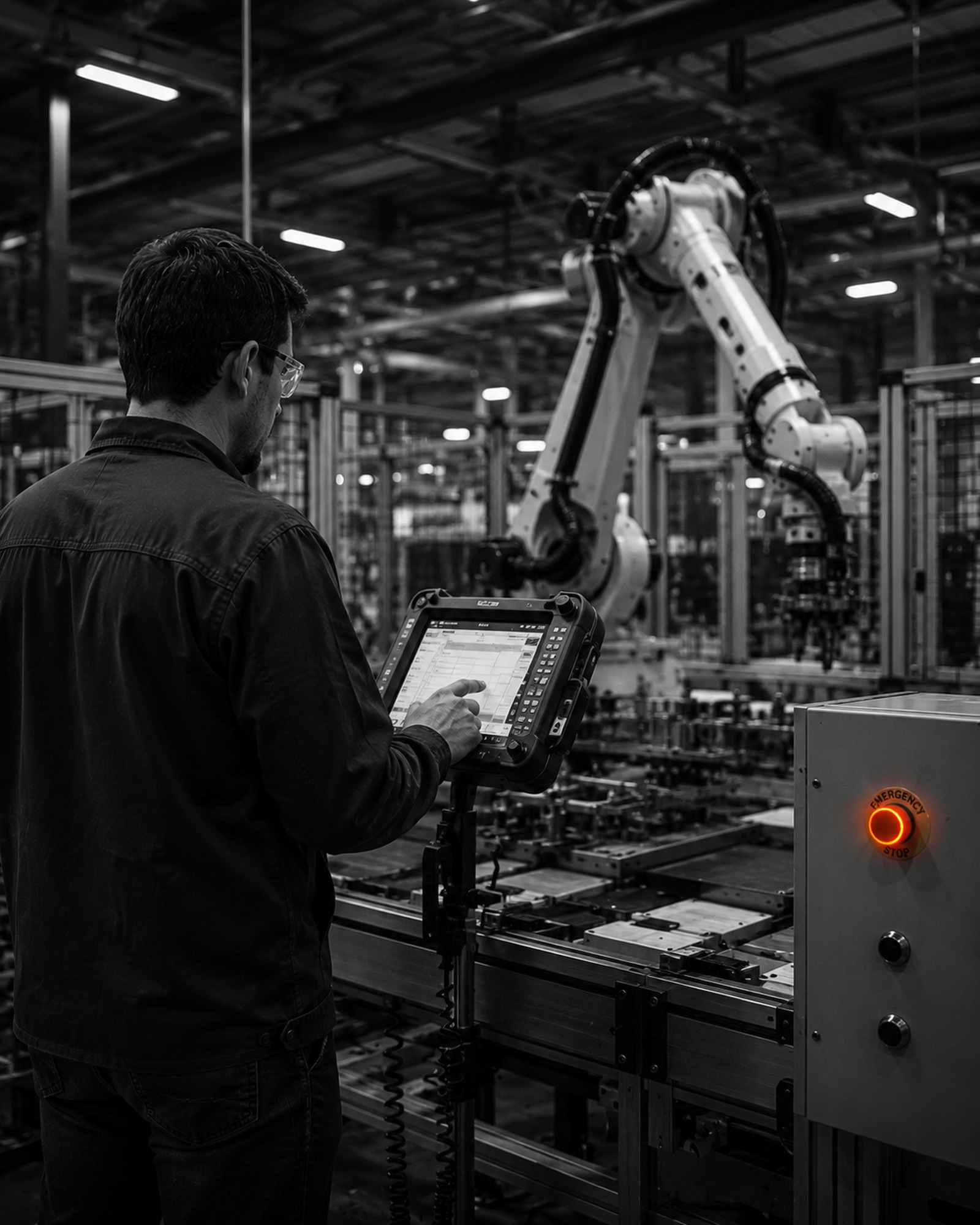 Automation technician programming a robotic arm
